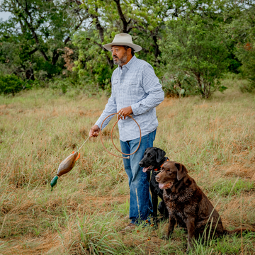 man throwing dog toy in blue plaid shirt
