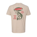 Back of Crankbait T-Shirt with vintage fishing graphic and red Poncho Outdoors logo on beige fabric