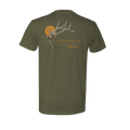 Back view of green Elk and Moon T-Shirt with elk and moon graphic and outdoors text