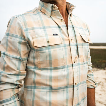 Close-up of The Encinitas comfortable outdoor shirt with rolled sleeves in soft plaid colors