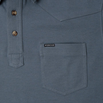 pocket ad buttons on blue polo shirt