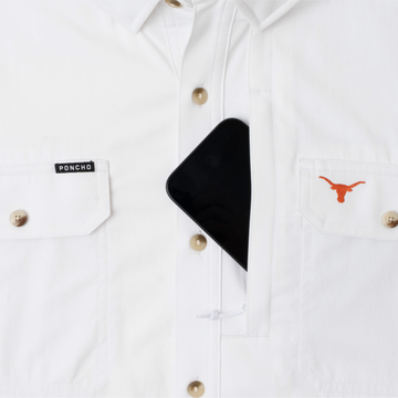 phone in chest zipper pocket of shirt