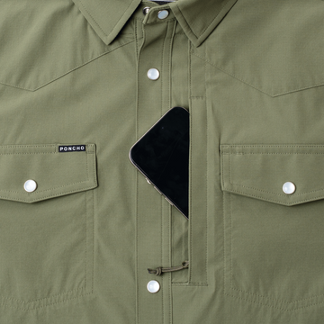 phone in chest zipper pocket of shirt