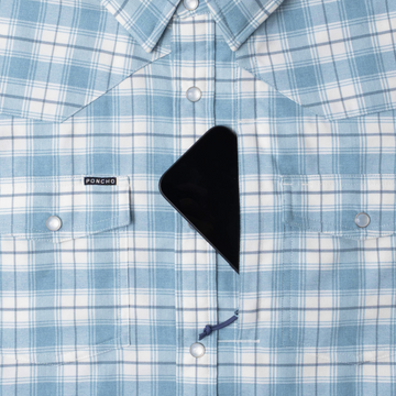 phone in chest zipper pocket of shirt