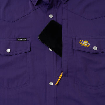 phone in chest zipper pocket of shirt