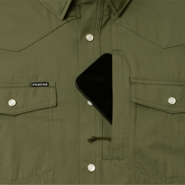 phone in chest zipper pocket of shirt