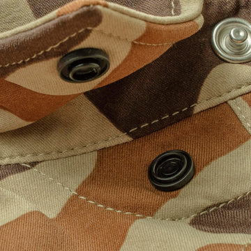 Close-up of buttons on The White Wing camouflage outdoor shirt fabric