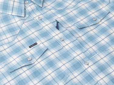 detail photo of blue and white plaid flannel