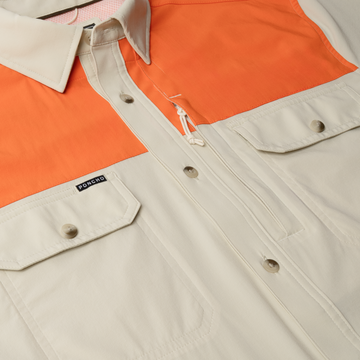 flyover photo of tan blaze patch tuff-thread shirt