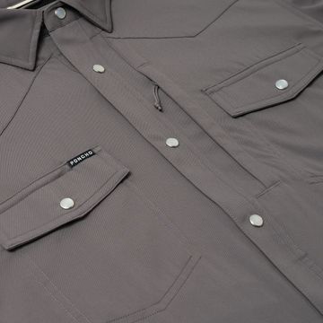 flyover photo of dark grey pearl snap shirt