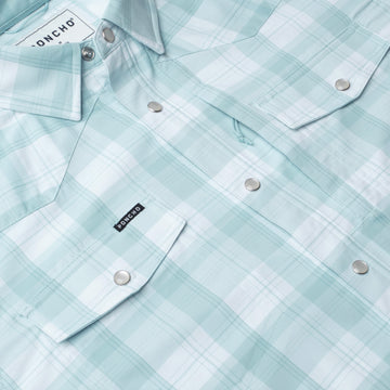 The Billings plaid outdoor shirt in light blue with snap buttons and chest pockets