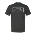 The Javelina T-Shirt in dark gray with a running javelina graphic and Poncho Outdoors logo on the back