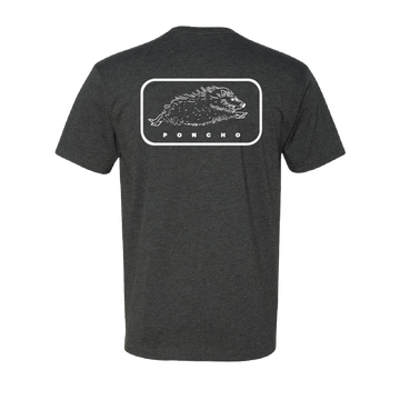 The Javelina T-Shirt in dark gray with a running javelina graphic and Poncho Outdoors logo on the back