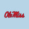 Red cursive Ole Miss text logo on light blue background