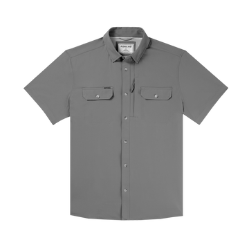The One Eyed Goat gray outdoor shirt with short sleeves and button pockets