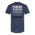 Back of The Poncho Strata T-Shirt with gradient Poncho text design on a dark blue comfortable outdoor shirt