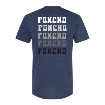 Back of The Poncho Strata T-Shirt with gradient Poncho text design on a dark blue comfortable outdoor shirt