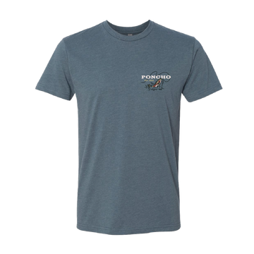 The Set The Hook T-Shirt in blue with fishing graphic and Poncho Outdoors logo