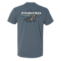 Back view of The Set The Hook T-Shirt in blue with a fishing graphic and Poncho Outdoors logo