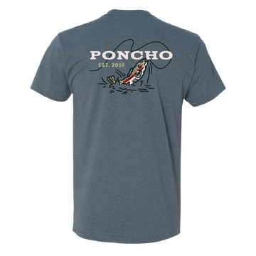 Back view of The Set The Hook T-Shirt in blue with a fishing graphic and Poncho Outdoors logo