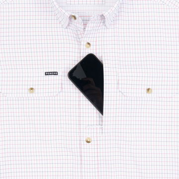 Phone in chest zipper pocket of shirt