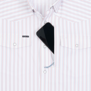 Phone in chest zipper pocket of shirt