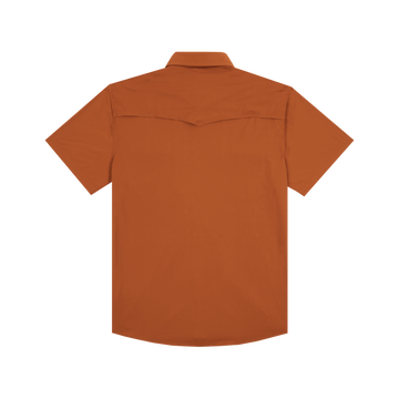 The 1969 burnt orange short sleeve outdoor shirt back view