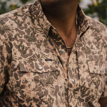 Close-up of a patterned button-up shirt called The Abilene with nature-inspired design details