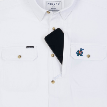 Phone in chest zipper pocket of shirt