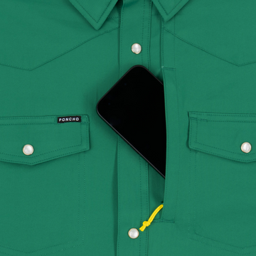 phone in chest zipper pocket of shirt