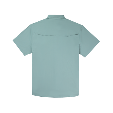 Back of short sleeve blue fishing shirt