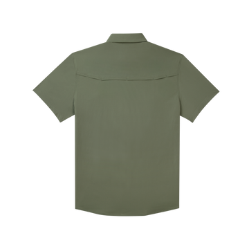product photo back of olive green short sleeve shirt