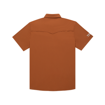The Bertha rust-colored outdoor shirt back view with short sleeves