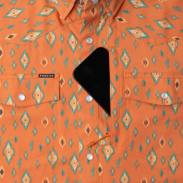 phone in chest zipper pocket of shirt