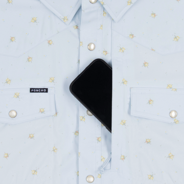 phone in chest zipper pocket of shirt