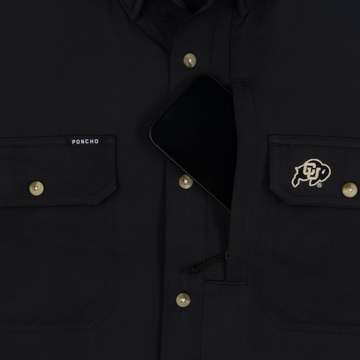 phone in chest zipper pocket of shirt