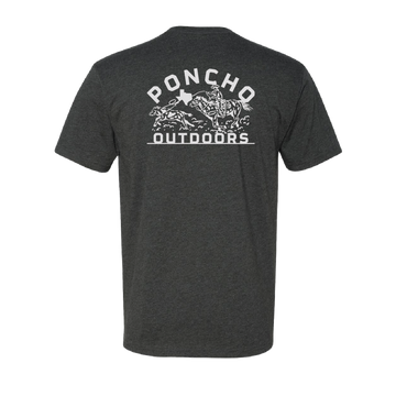 Back view of The Calf Roper T-Shirt in dark gray with Poncho Outdoors graphic