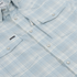 Light blue plaid button-up shirt with snap buttons and chest pockets