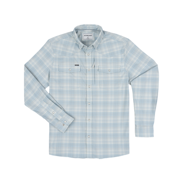 Light blue plaid button-up shirt with long sleeves and chest pockets