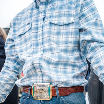 Man with belt buckle wearing the cody shirt