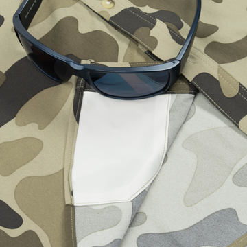 sunglasses with lens cleanre on shirt