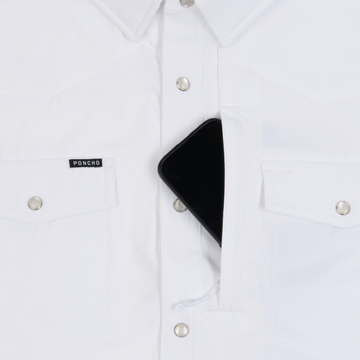 Phone in chest zipper pocket of shirt