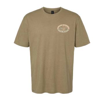 The Desert Run T-Shirt in muted desert tan with small outdoors logo on chest, comfortable outdoor shirt