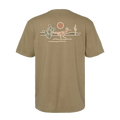The Desert Run T-Shirt in earth tones featuring a minimalist desert scene with a roadrunner, cacti, and sun on the back