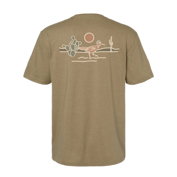 The Desert Run T-Shirt in earth tones featuring a minimalist desert scene with a roadrunner, cacti, and sun on the back