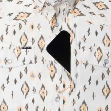 phone in chest zipper pocket of shirt