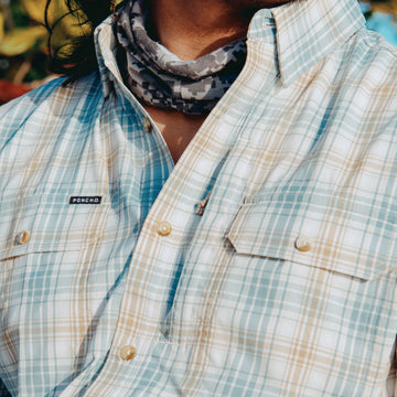 Close up shot of man wearing The Double Haul shirt