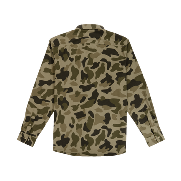 Back view of The Duck Blind Muck camo patterned shirt designed for outdoors use by Poncho Outdoors
