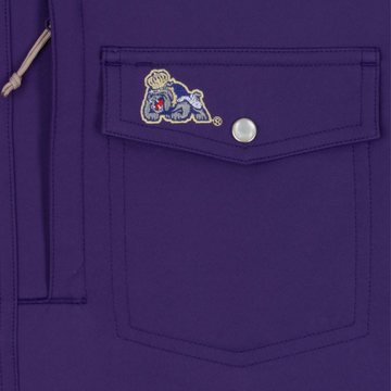 closeup of logo on pocket of shirt