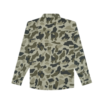 The Entre Rio camo pattern shirt in green and beige tones viewed from the back
